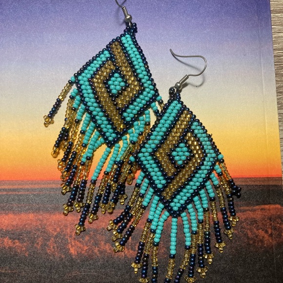 Beaded Turquoise Earrings Seed Beads-Handmade - Picture 1 of 2